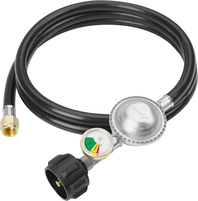 CALPOSE 6 Feet Propane Hose with Regulator & Gauge, Universal Gas Grill Regulator for Blackstone 28''/36'' Griddle, Weber Grill, Propane fire Pit and More, 3/8" Female Flare for Most LP Gas Grills - Image 1